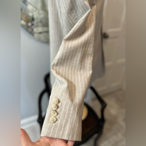 NWOT Beige White Perry Ellis Pin Stripe Linen Cotton Stud Boss Blazer 42R - Picture 8 of 15
